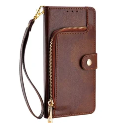 Leather Flip Phone Case with Zipper Wallet, Card Slots, and Lanyard for Honor X6 - X6S (Brown)