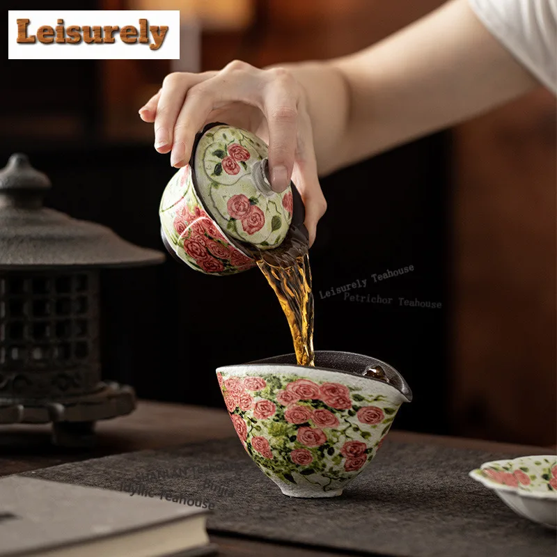 130ML Oil Painting Rose Flower Mouth Gaiwan Aesthetic Tea Tureen Tea Bowl with Lid Kit Tea Brewing Cover Bowl Tea Services Craft