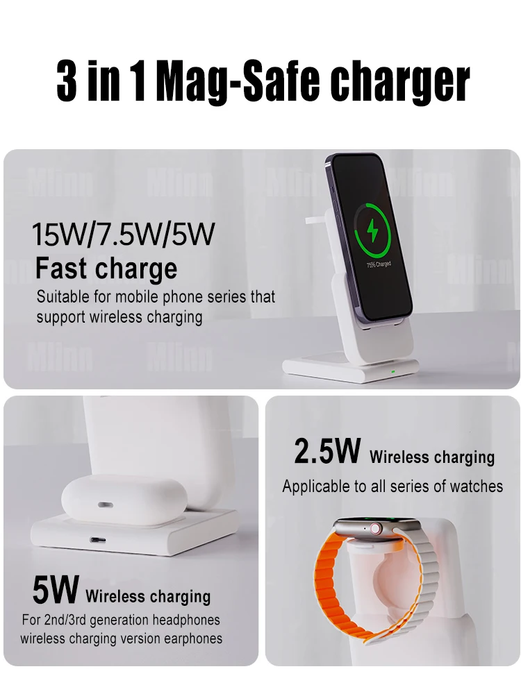 MagSafe 3 en 1 Magnétique Sans Fil Station De Recharge Banque  D'alimentation 5000mAh Externe Auxiliaire Batterie Pour iPhone 14 ~ 12  Apple Watch S8