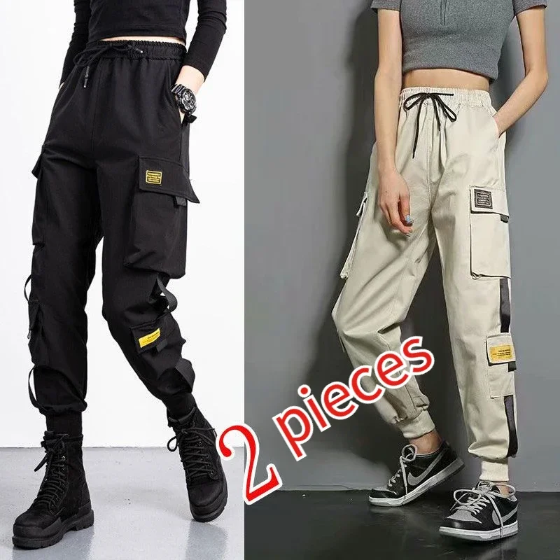 여러 개의 주머니가있는 여성용 카고 바지 여성 조깅 하이 웨이스트 발목 줄무늬 디자인 streetwear 힙합 스웨트 팬츠 플러스 사이즈