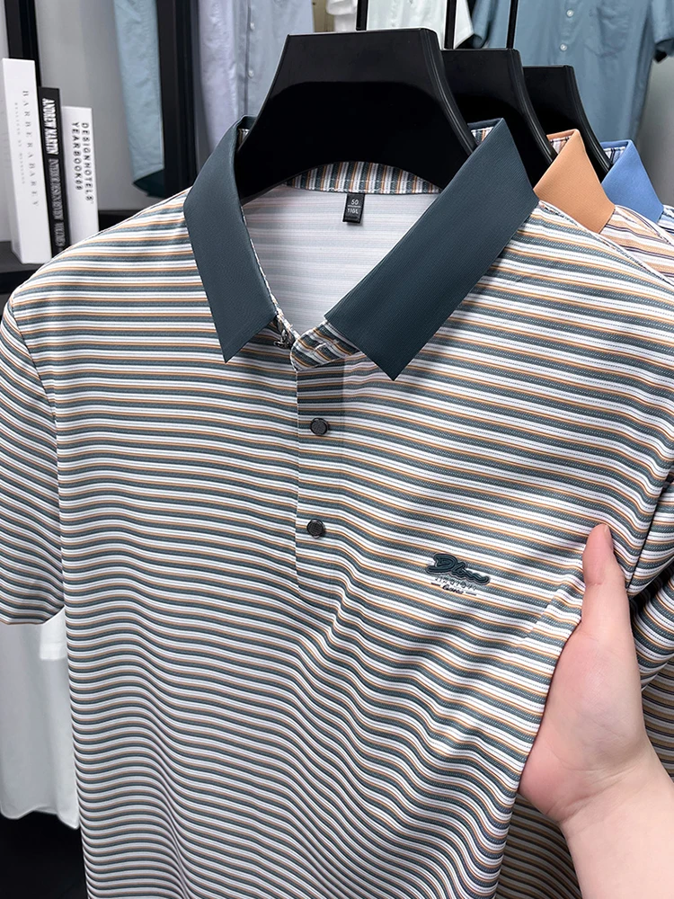 Fashion stripe color blocked men short sleeve polo shirt summer new trend brand embossed silky smooth breathable casual T-shirt 21 S369da1cf0b984c61956d48a781d6882bG