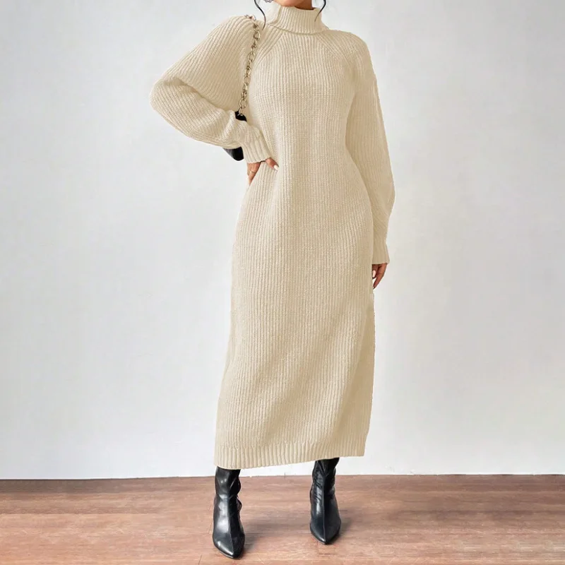 2025 New Winter Knit Dresses Women Turtleneck Straight Long Dress Autumn Solid Full Sleeve Thick Casual Vestidos Basis Lady 1