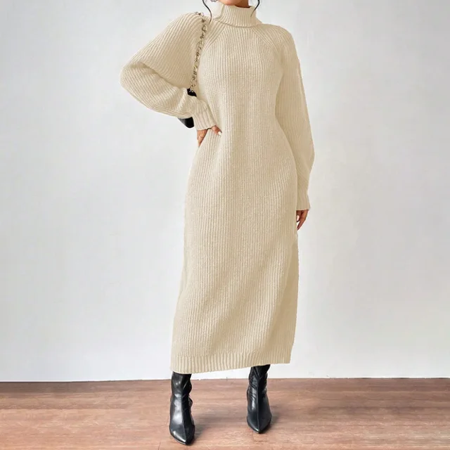 2025 New Winter Knit Dresses Women Turtleneck Straight Long Dress Autumn Solid Full Sleeve Thick Casual Vestidos Basis Lady 1