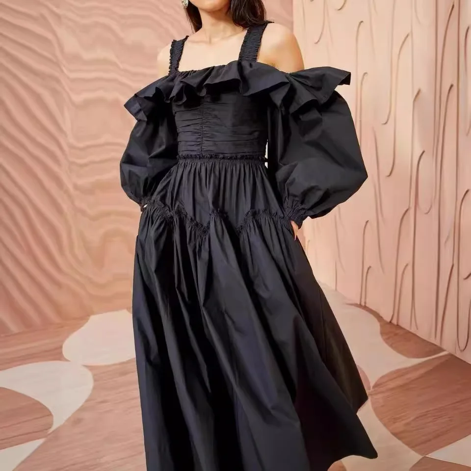 

Модное летнее платье SuperAen 2024 в Корейском стиле с воротником-стойкой, оборками и рукавами-фонариками, свободные платья на бретелях