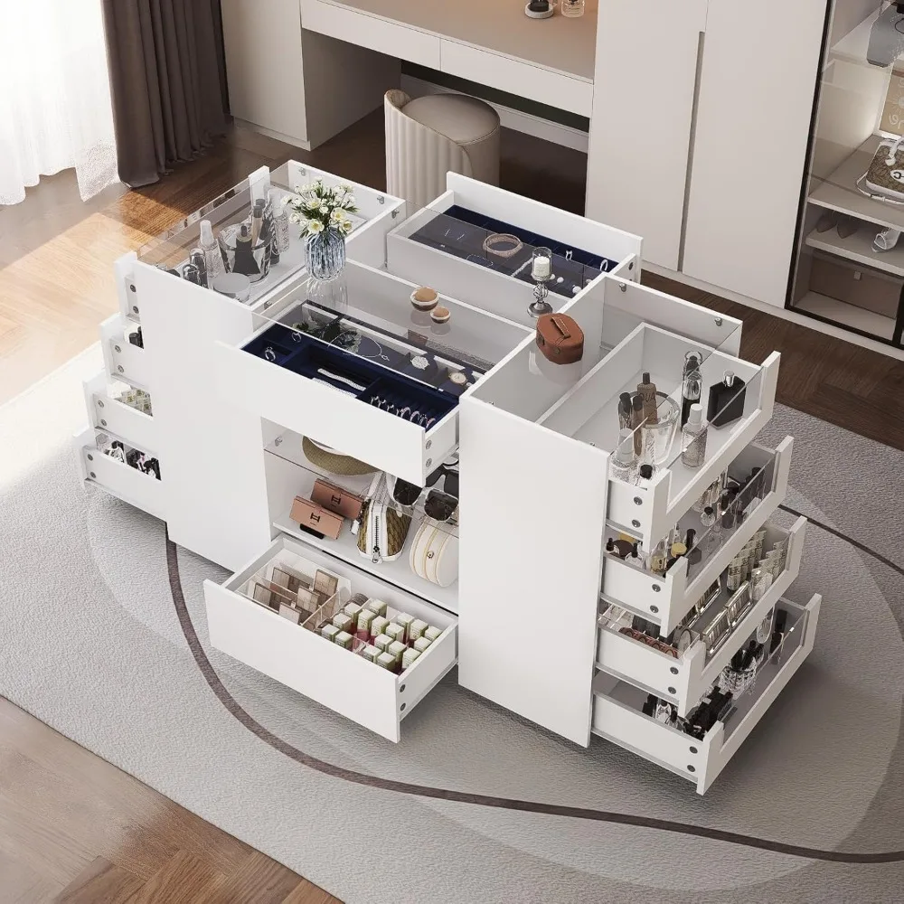 Closet Island with Drawers, Wardrobe Armoire Bedroom Island, Glass Display Shelf & 12 Drawers, White Dresser with Glass Top, Wal 4