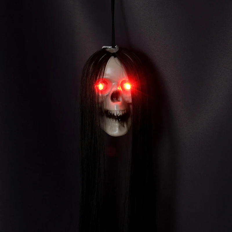 

Halloween Hanging Ghost Skull With Long Hair Glowing Eyes Ghost House Skeleton Terror Props Home Bar Halloween Party Decor