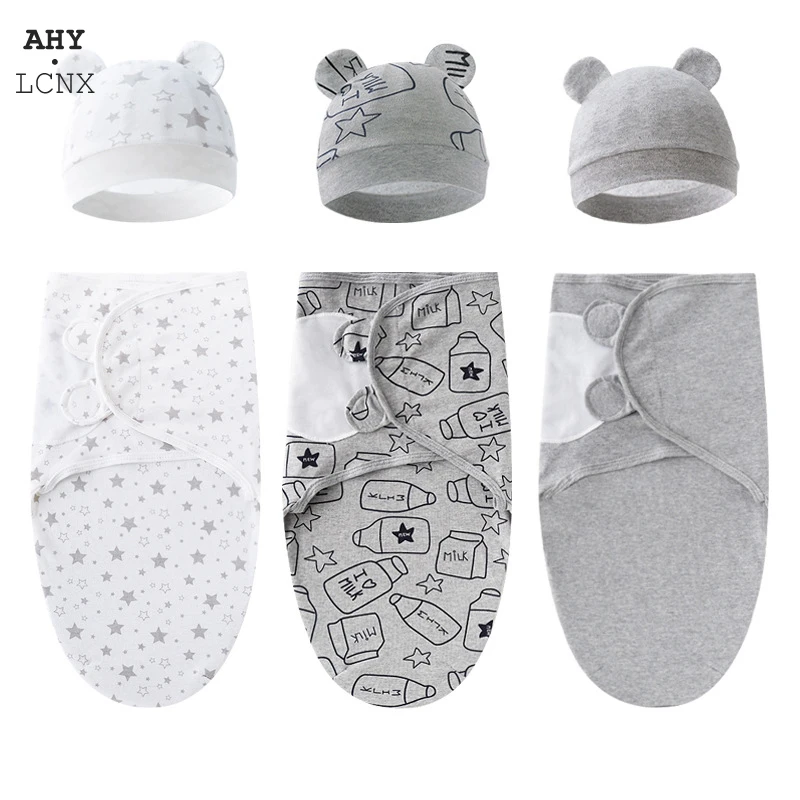 100CottonBabyBlanketsSwaddlesWrapAndHatSetBoysGirls