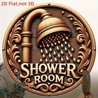 ป้ายห้องอาบน้ำแบบเรโทร 2 มิติ 1 ชิ้น - ป้ายไม้ทรงกลมพร้อมก๊อกน้ำสีทองและดีไซน์หยดน้ำ เหมาะสำหรับตกแต่งห้องน้ำ 4