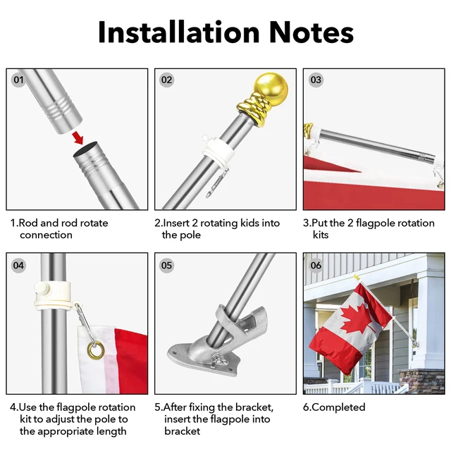 Zászló Pólus 6 Ft Zászlórúd Tartó Tartóval Forgó Gyűrűk Többszögű 45 ° És 90 °, Állítható A Kerti Falra Szerelhető - Image 4