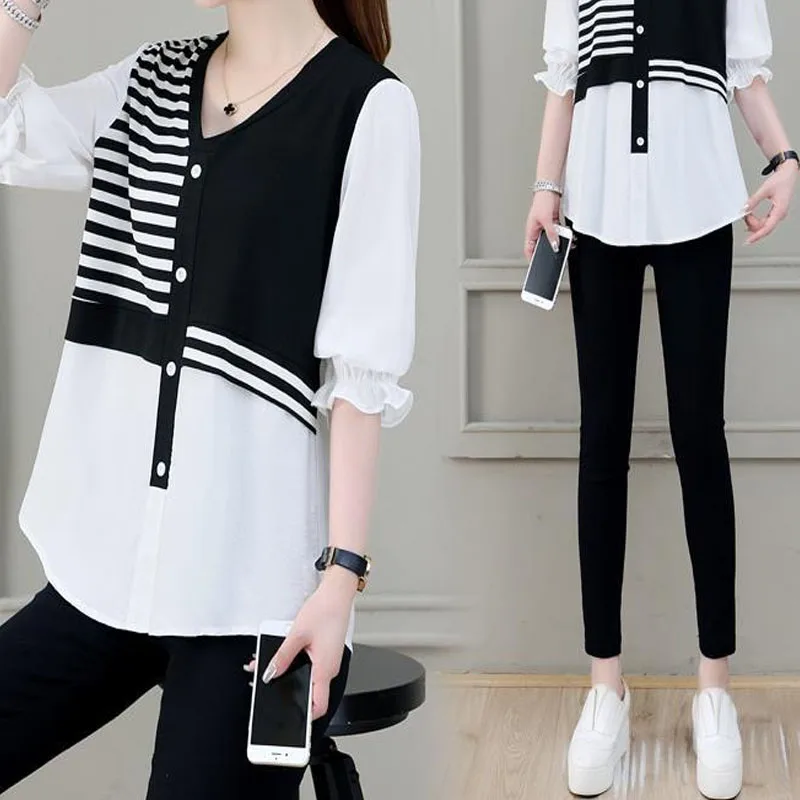 Fashion Spliced Striped V-Neck Cotton Thin Women Blouse Fake Two Pieces Pullover Flare Sleeve Female Clothing Button Decoration