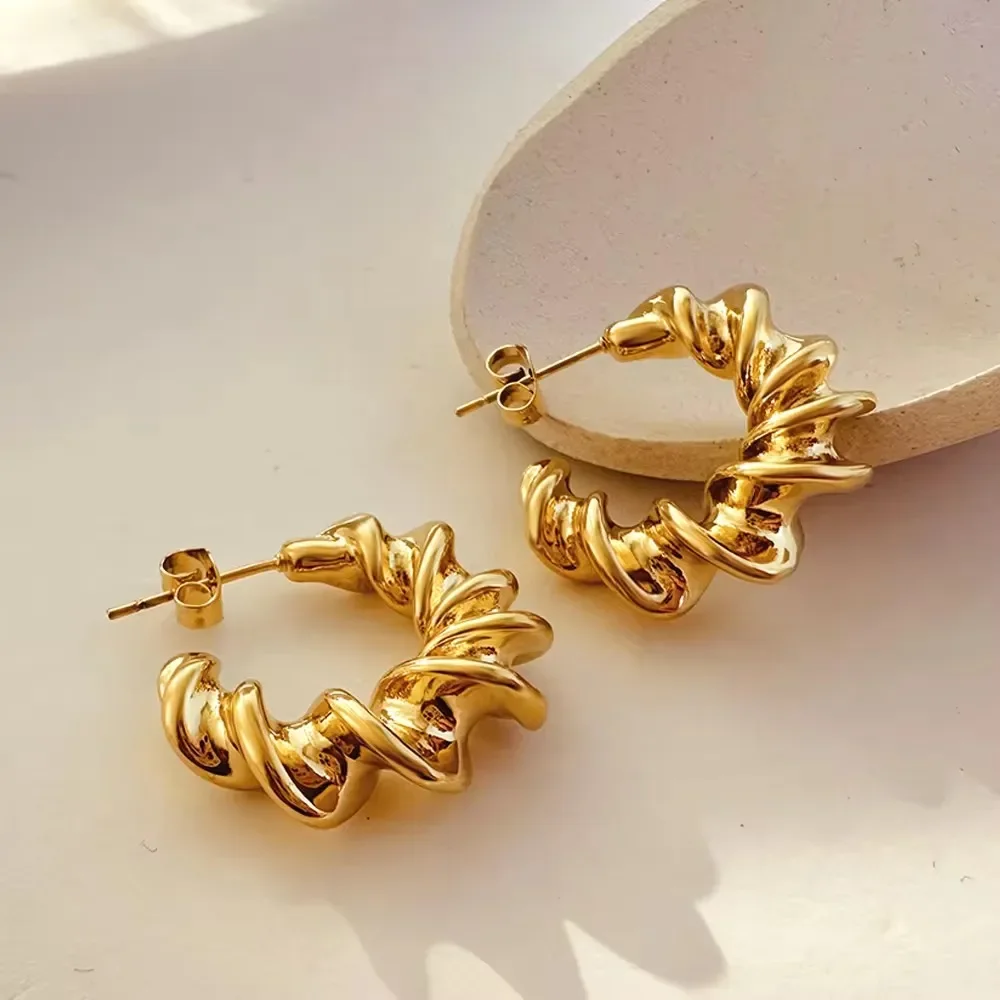 Vintage Stainless Steel Chunky Twist C Shape Earrings for Women Anti Allergic Smooth Metal Circle Huggie Ear Hoop Jewelry Серьги