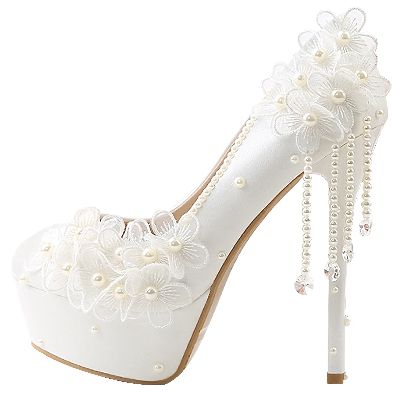 Wedding Shoes New White Pu Leather Lace Flower Bride Dress Pumps Super High Heels Slip-on Round Tole Pearl Tassel Stiletto 14cm