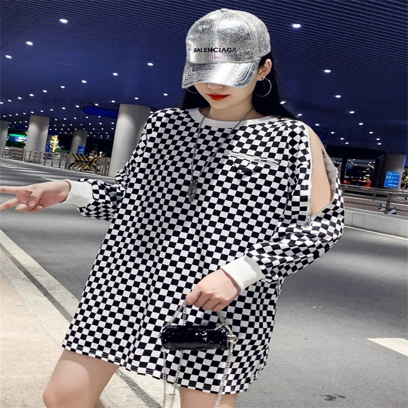 

Sandro Rivers Spring And Autumn 2022 New European Off Shoulder Zipper Sweater Women's Loose Checker Top