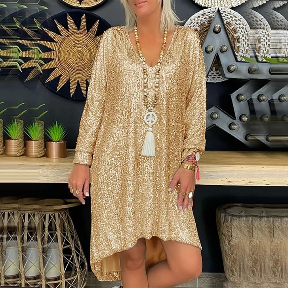 

2024 Shiny Sequins Lady Party Dress Loose Glitter Sequins Long Sleeve High-low Hem Elegant Lady Midi Dress Female Casual Dress