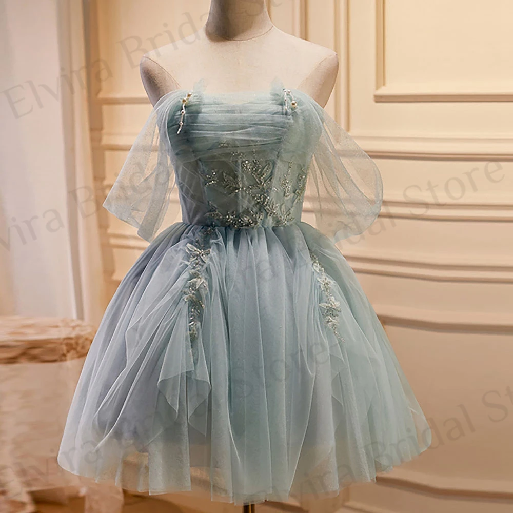 

Charming Blue Tulle Homecoming Dresses Applique Sequins Beads Pearls Strapless Backless Off The Shoulder Lace-Up Mini Length