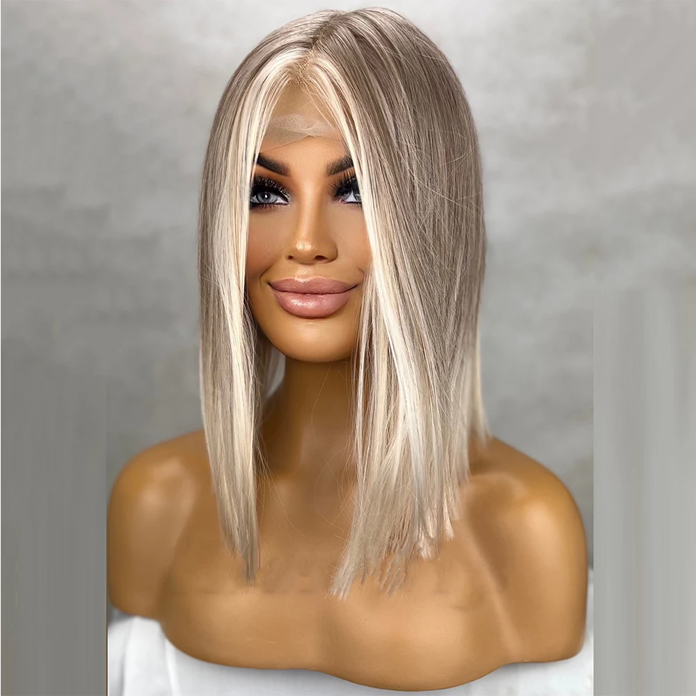 Synthetic Ash Blonde White Balayage Highlights Bob Wig 14" Straight Center Parting 150% Lace Front Wig Heat Resistant