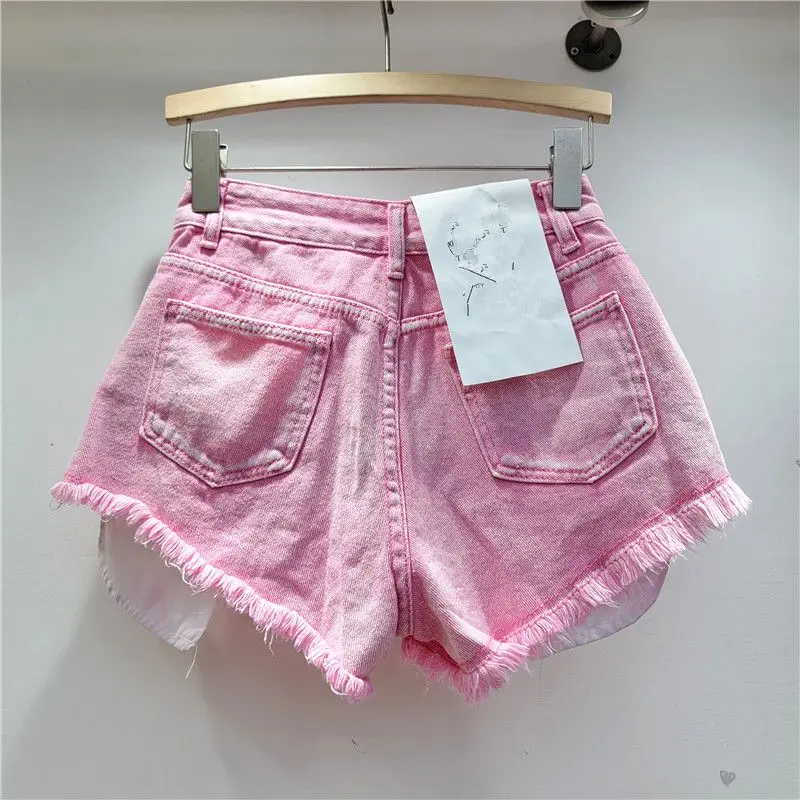 여성용 누출 포켓 스트리트 홀 워싱 레트로 블루 데님 반바지, 스파이스 걸 패션 청바지 핫팬츠, 2025 여름 신상