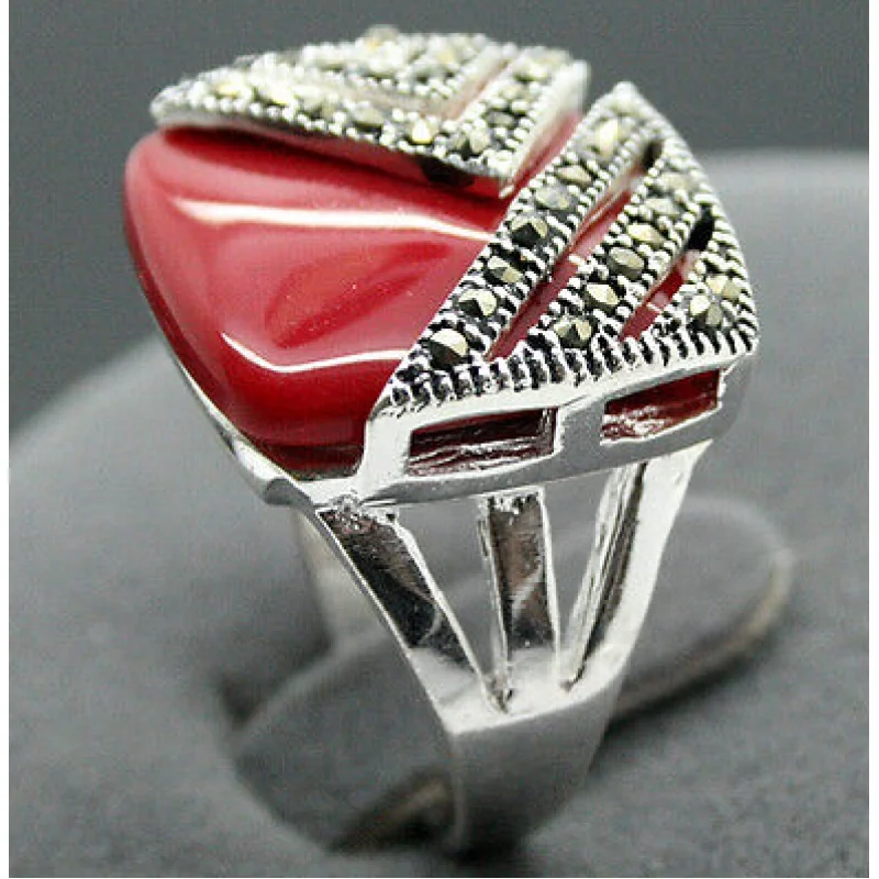 14*15mm Square Red Coral Marcasite 925 Sterling Silver Ring