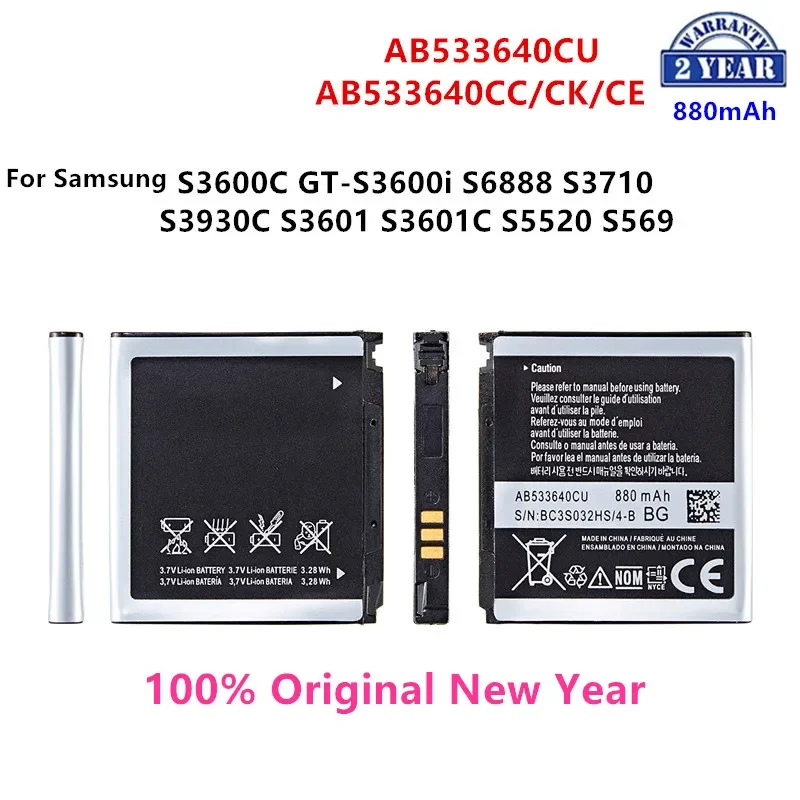 

100% Orginal AB533640CU AB533640CK/CE Battery 880mAh For Samsung S3600C GT-S3600i S6888 S3710 S3930C S3601 S3601C S5520 S569