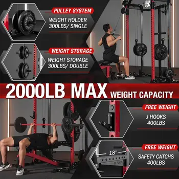 Power Cage, 2000LB Power Rack with Independent Dual Pulley System, Multi-Function Home Gym Workout Machine for Cable Crossover 3