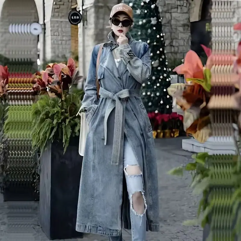 

SuperAen Denim Trench Coat Women's Spring and Autumn 2023 New High-end Fashion Long Coat Jacket