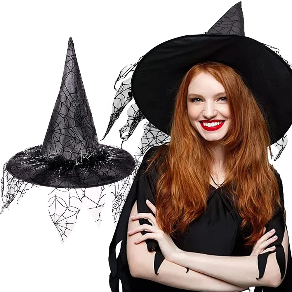Halloween Witch Hats with Spider  Veil for Women Costume Party Hats