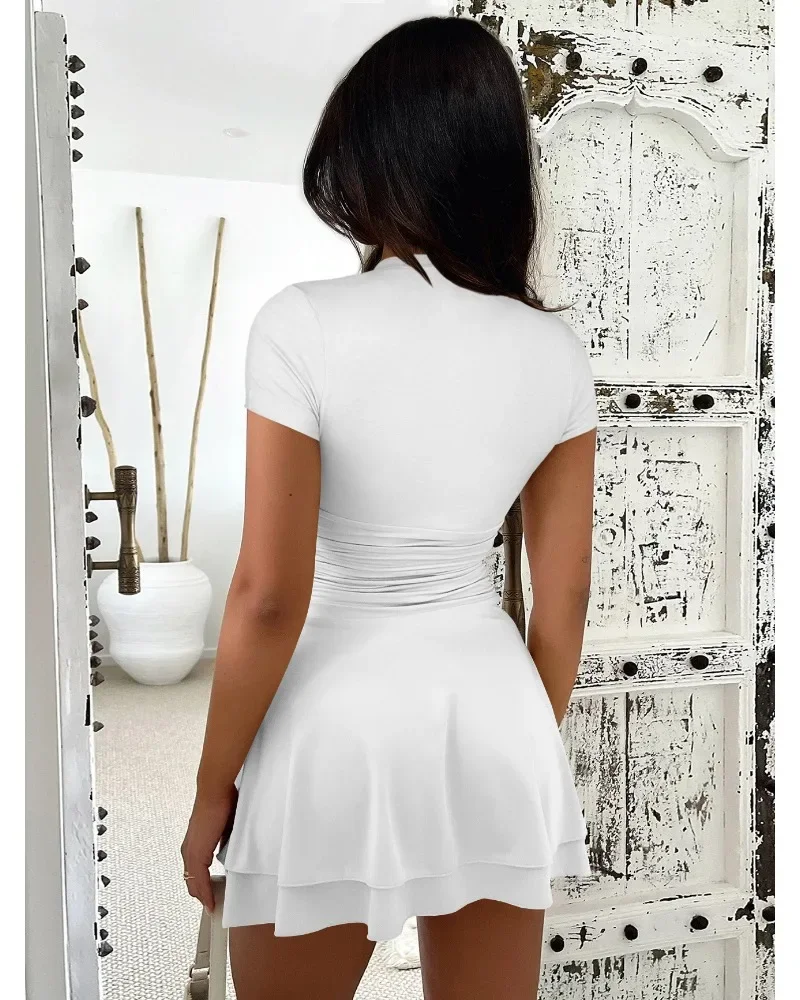 Fashion Folds Ruffled Mini Dress For Women Summer New Solid Color Short Sleeves Female Clubs Party Sexy Slim Fit Dress