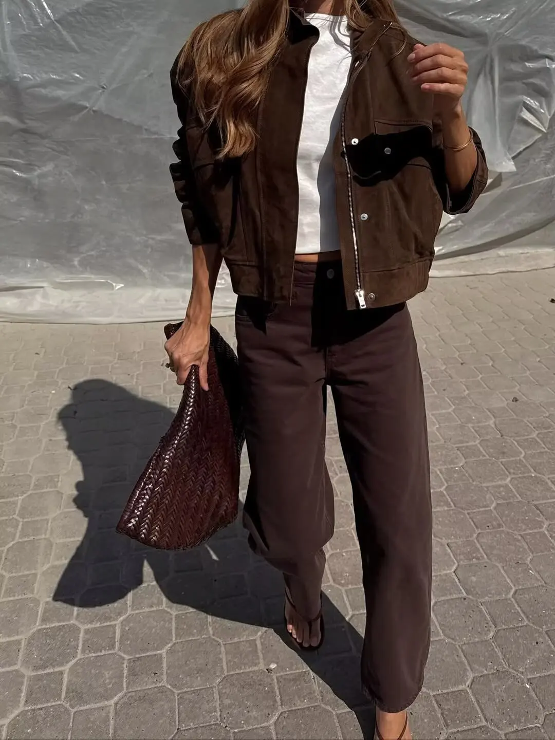 Tidalyf 2025 femmes Faux daim veste col montant à manches longues poche décorative ourlet élastique décontracté Chic automne manteau