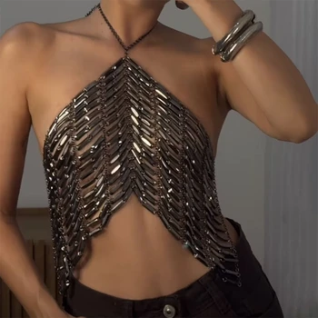 Crystal Beading Halterneck Vest Chain Tie Up Backless Crop Tops Sexy Night Out Coquette Club Party Tank Tops Women Summer Camis 1