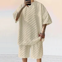 2025 cross-border men's summer new jacquard plaid short-sleeved T-shirt loose large size straight leg casual shorts set 1