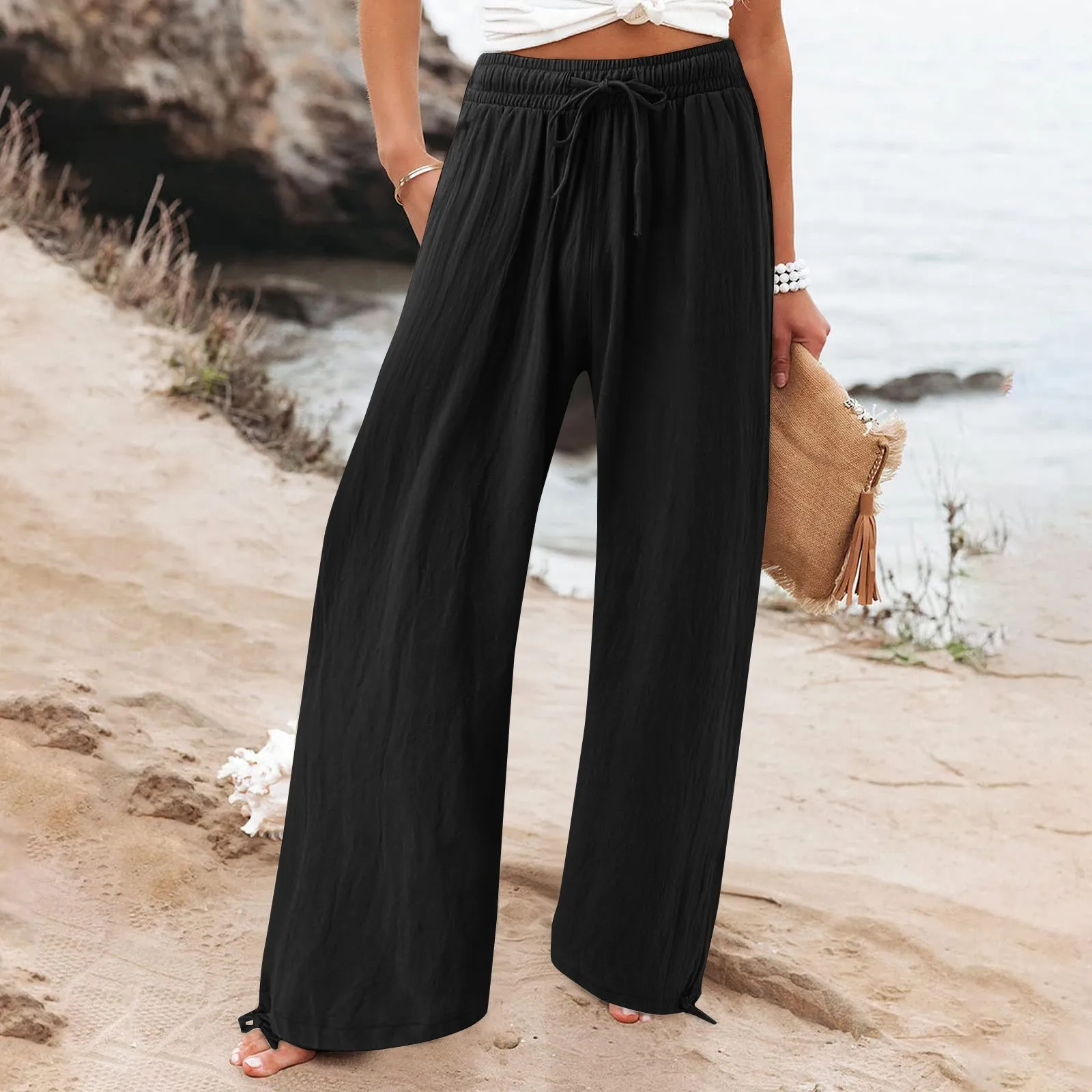 2023 Women Tall Waist Summer Leisure Elastic Beach Pants Pocket