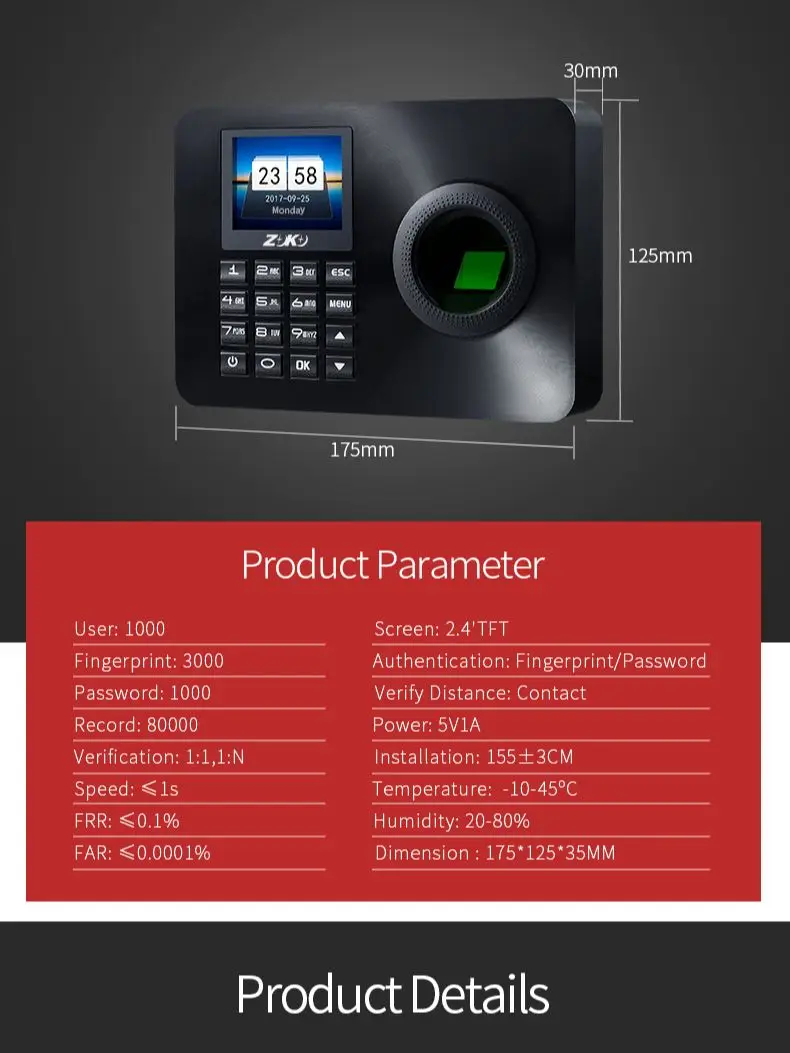 2.4 High Resolution Color Display TA10 Fingerprint Password ID Card Time Attendance Machine and Access Control System