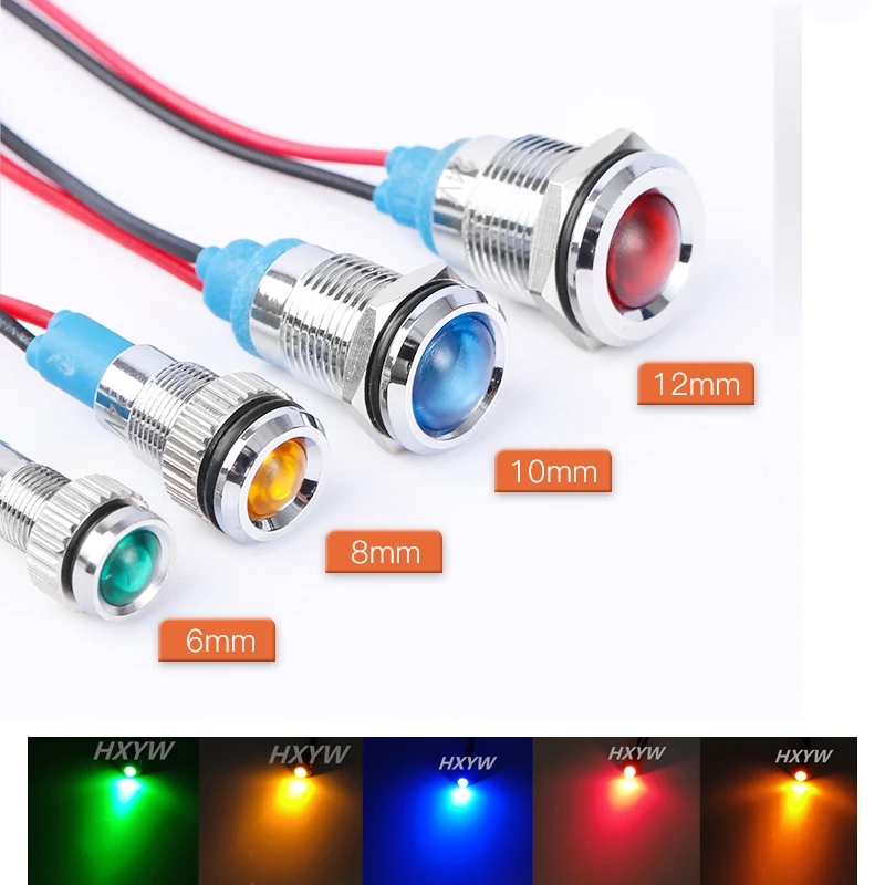 LED Indicator Light 1pcs 6mm 8mm 10mm 12mm Metal Waterproof IP67 Signal Lamp Pilot Wires switch 6V 12V 24V 220V Red Blue