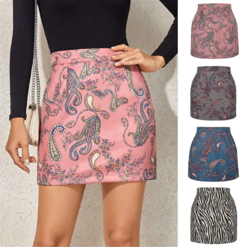 sequin skirt 2021 Women's Suede Printed Skirt European  American Autumn Winter Fashion Cashew Flower Zipper A-shaped Skirt Girl Pink skirt and top