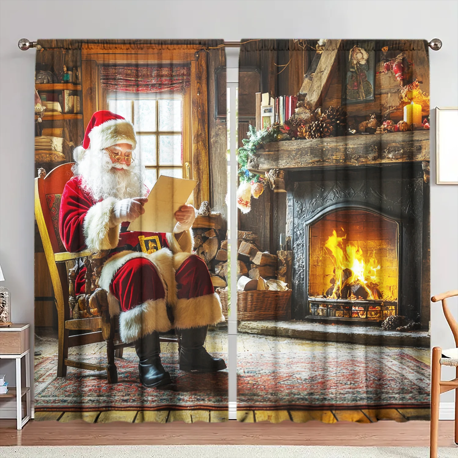 2pcs Santa Claus Printed Curtain for Christmas Home Decor - Rod Pocket Window Treatment for Bedroom, Office, Kitchen