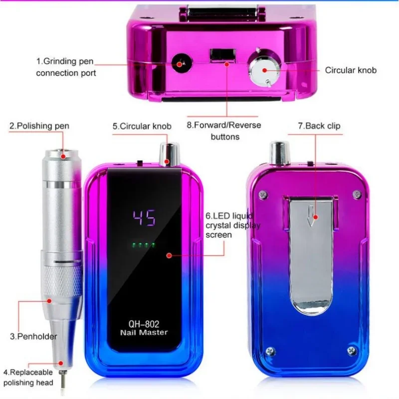 Electric nail drill Electric nail grinder 45000RPM Rechargeable Electric Nail Drill Machine USB Connector Nail Polish Remover Drill Set Manicure Sander Low Noise