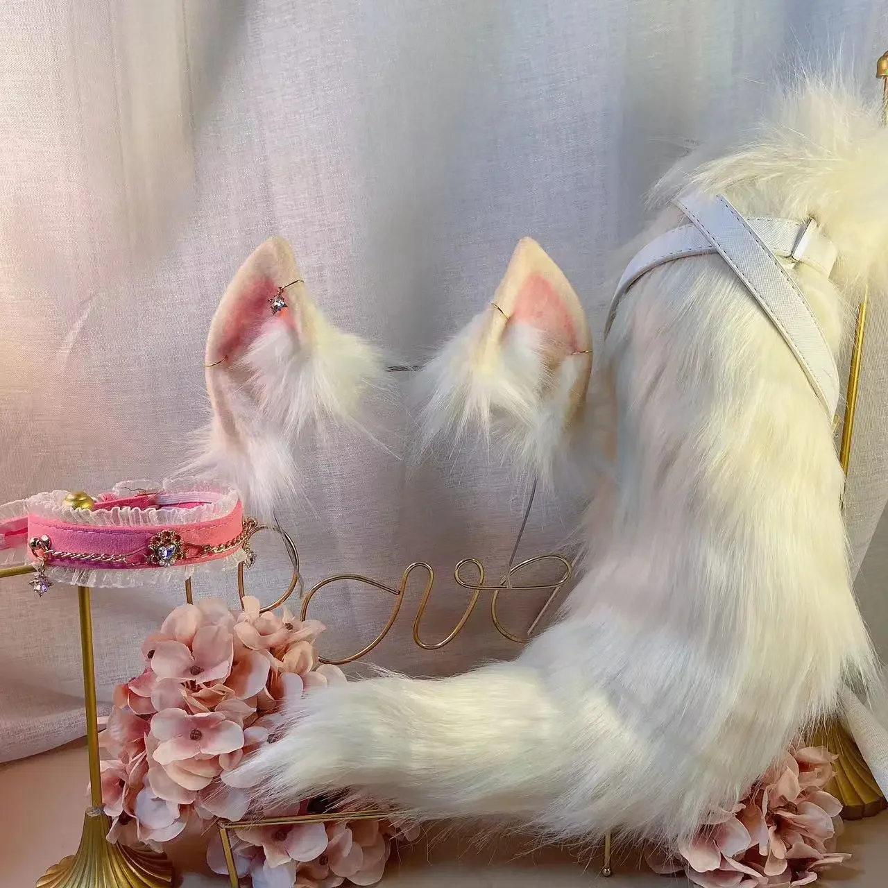 

Beige Pink Fox Ear Tail Props for Christmas Carnival Party Adult COS Costume Accessory Comic Show Fans Gift