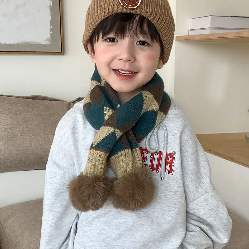 Children's Scarf Checkered Scarf for Autumn and Winter Korean Style Boys' Windproof and Warm Cross