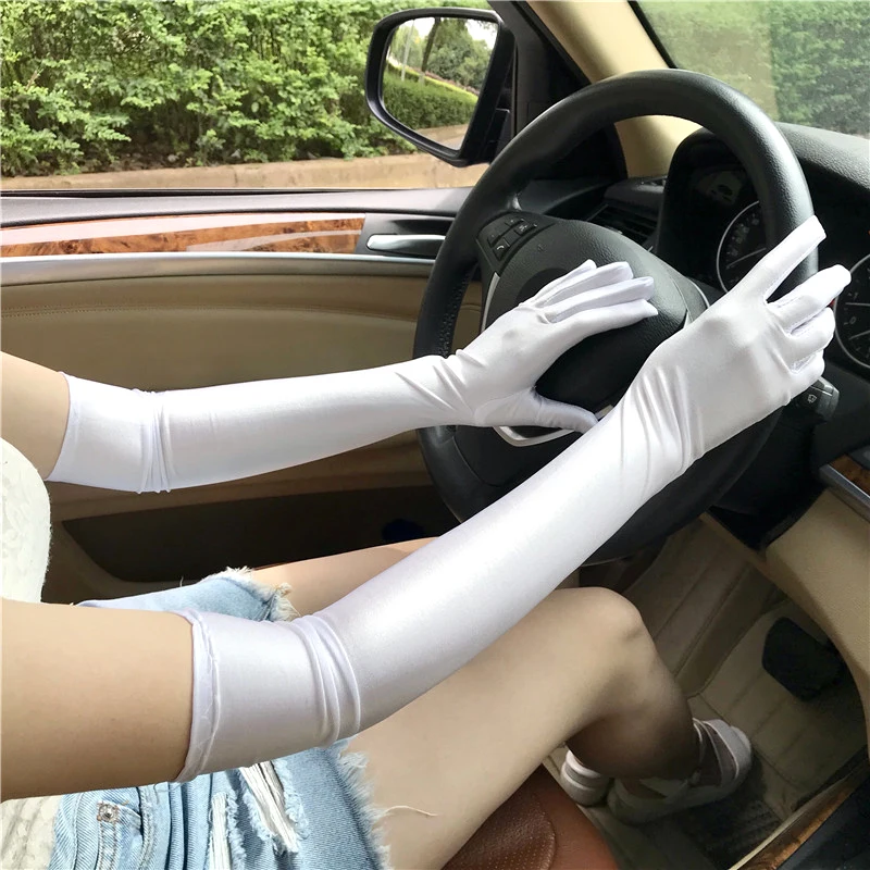 Sunsscreen Long Driving Gloves Party Dance Gloves White/Black Finger Satin Opera For Bridal Wedding Accessories Women'S Gloves