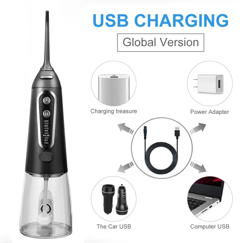 Oral Irrigator 5 Modes USB Rechargeable Portable Dental Water Flosser Jet 300ml Water Tank Teeth Cleaner 6 Jet Nozzle