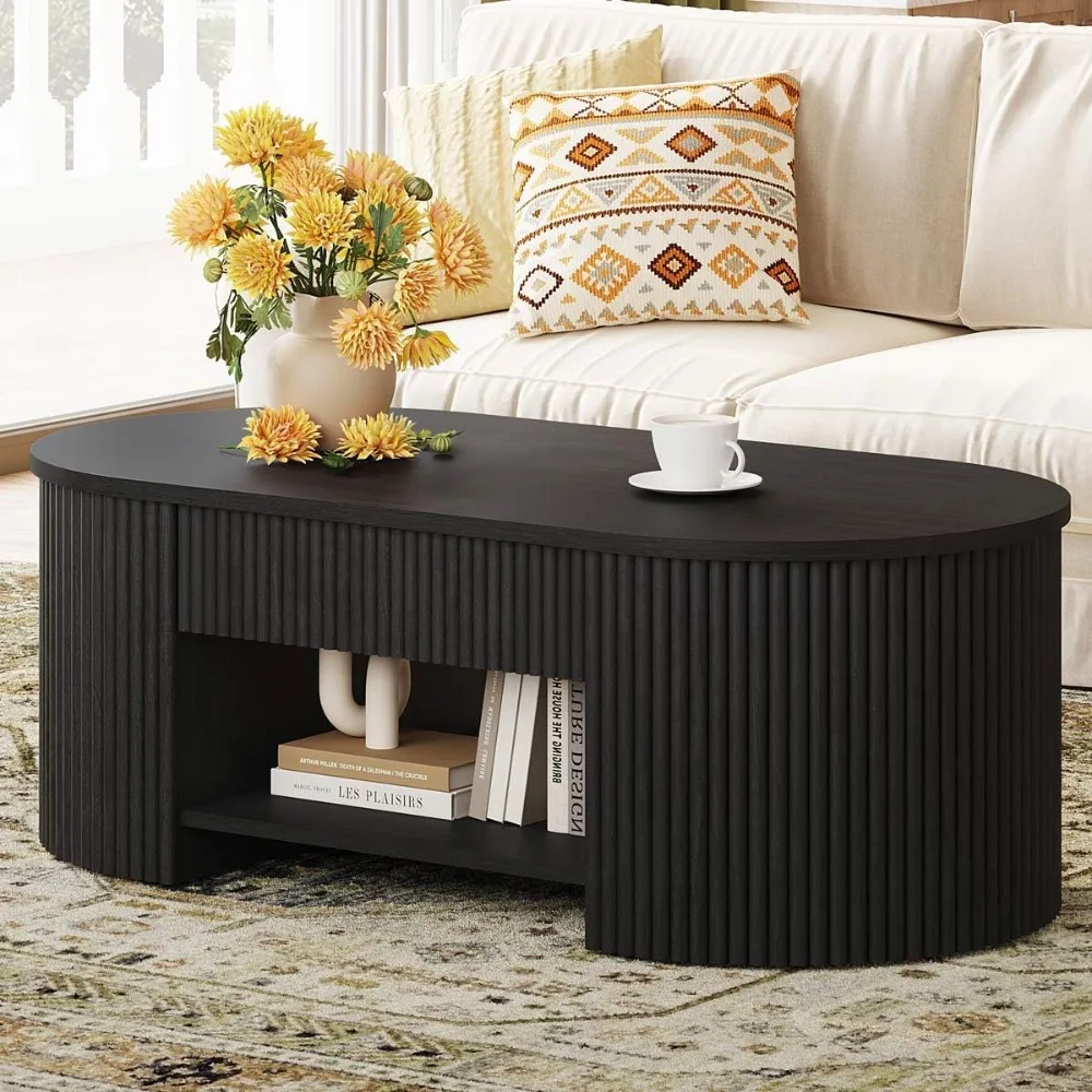 Modern Wood Fluted Coffee Table with Drawer & Shelf, Mid-Century Oval Living Room Storage Center Table (Black)