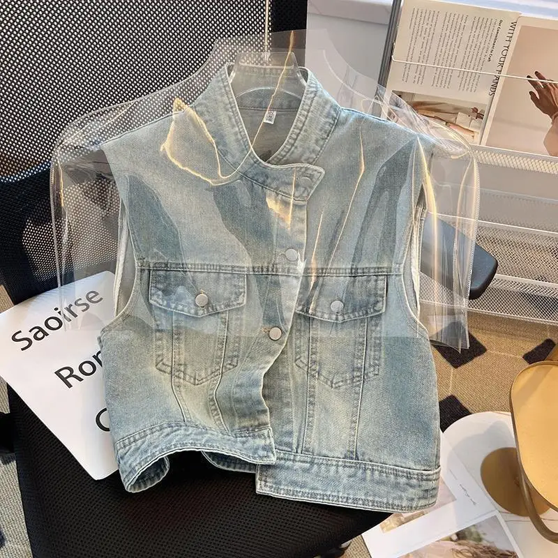 Standing Collar Denim Vest Sleeveless Jacket for Women Summer Slim Design Vintage Shoulder Padded with Distressed Camisole Vest