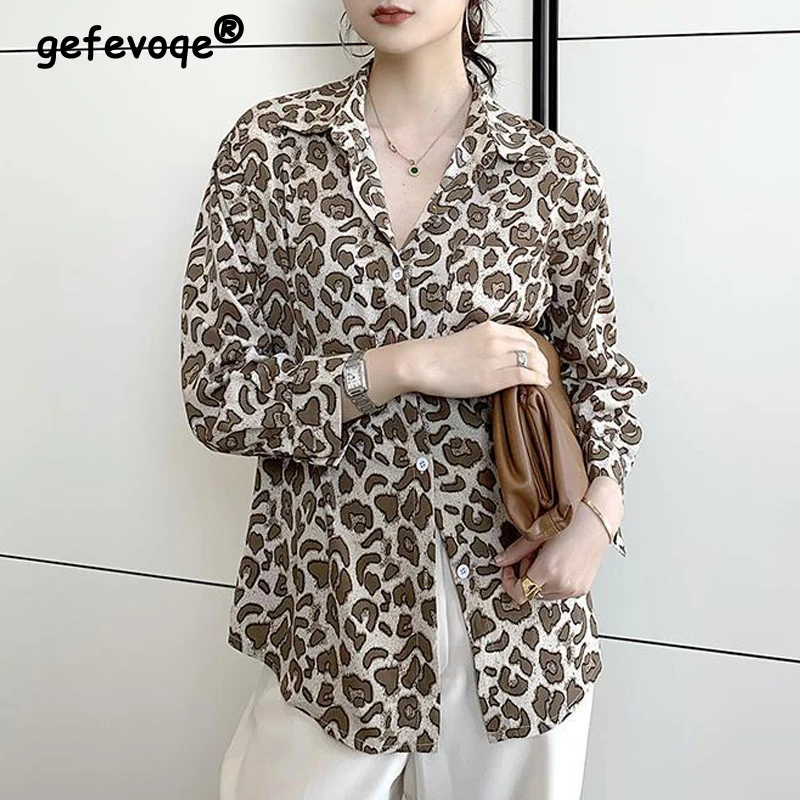 Women's Clothing Vintage Leopard Print Oversized Blouse Trendy Long Sleeve Button Shirt Casual Streetwear Tunic Tops Y2K Blusas