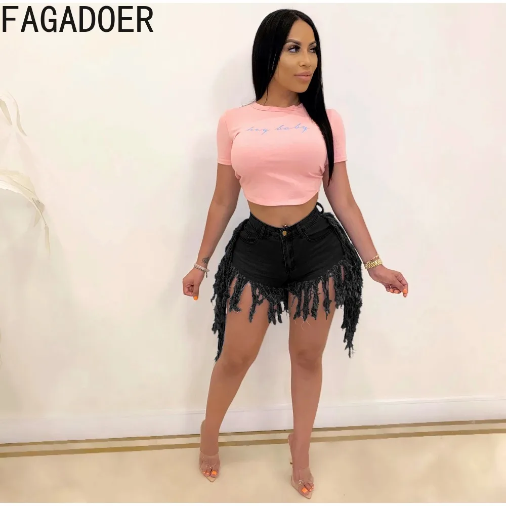 FAGADOER Summer New Denim Tassels Shorts Women High Waisted Button Elasticity Skinny Shorts Fashion Female Solid Cowboy Bottoms