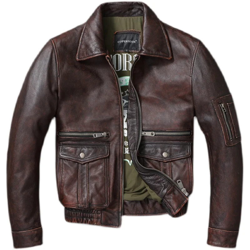 Men Leather Jacket Corium Air force Flight Vintage Distressed Cowhide Red Brown Short Moto