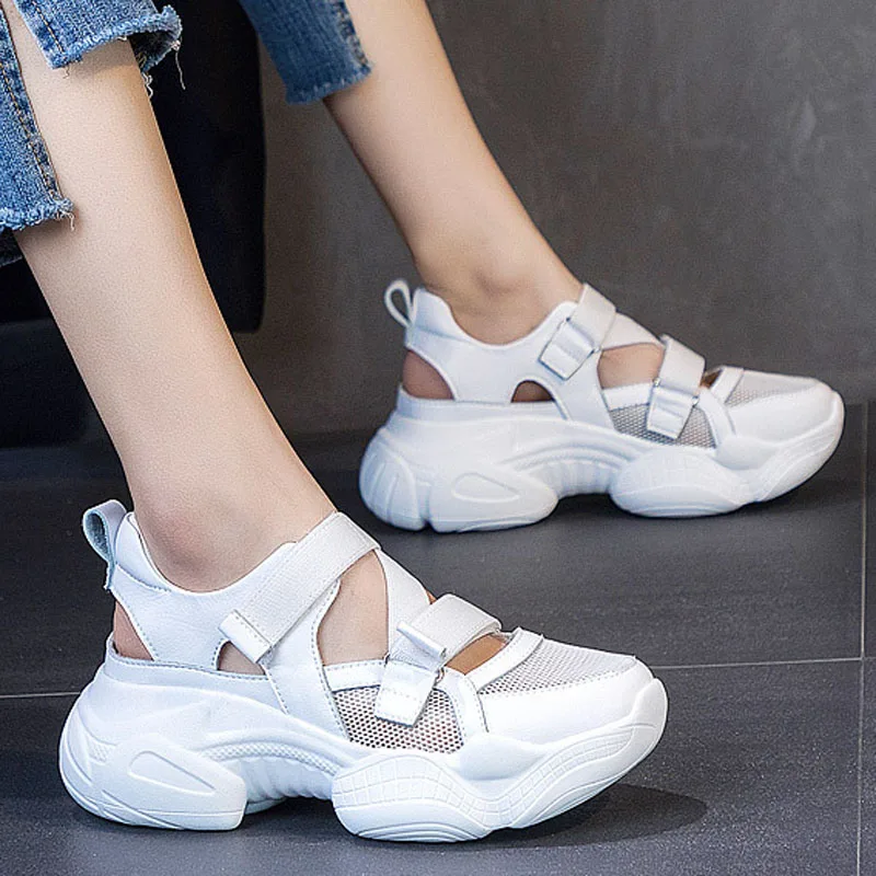 

Leather Sneaker Sandals Women Summer Shoes 2023 Fashion Designer Strappy Thick Sole Chunky Shoes Running Sports Sandal