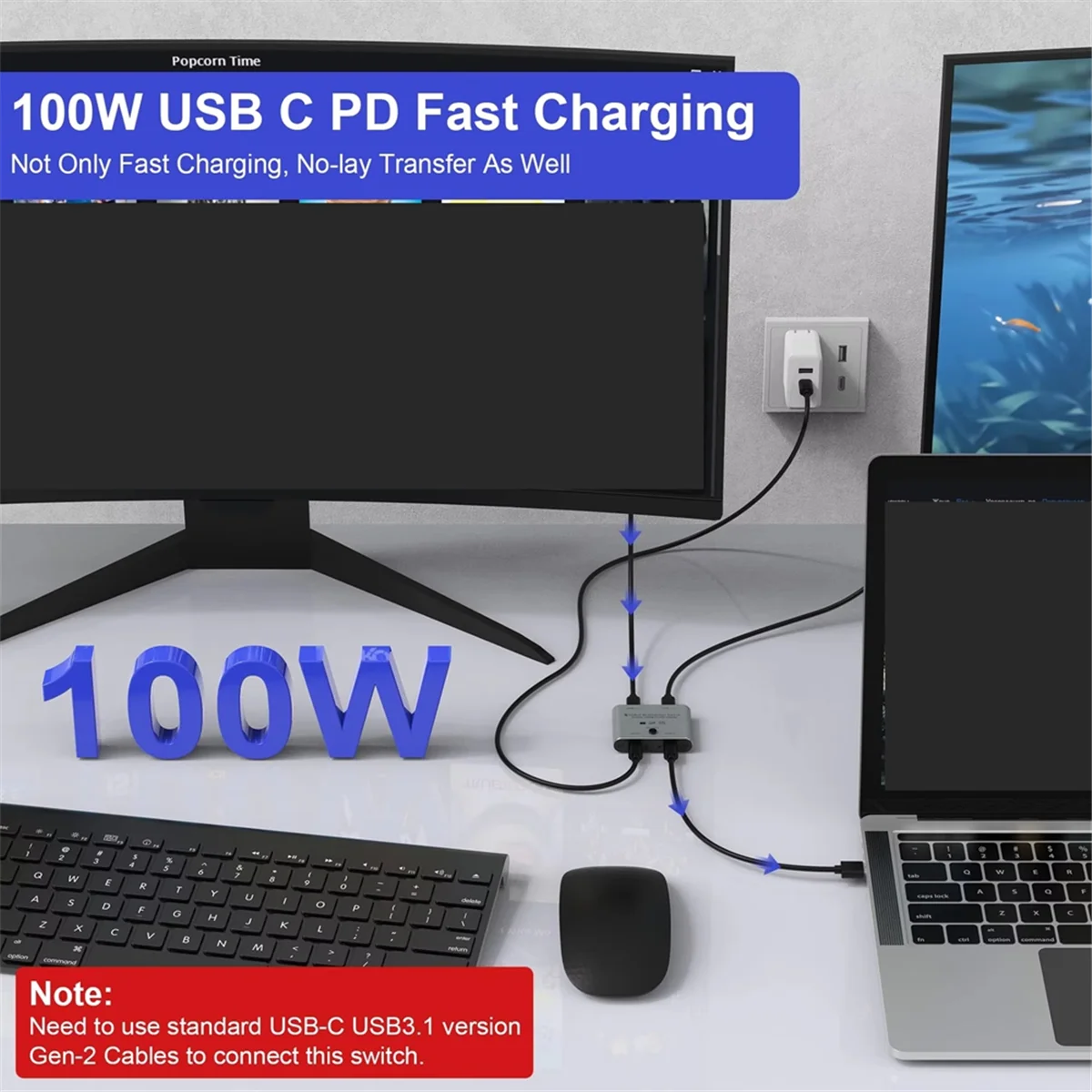 SWXF 양방향 USB C KVM 스위치 분배기 8K@60Hz/4K@144Hz 비디오 전송+100W 충전+10Gbps 데이터
