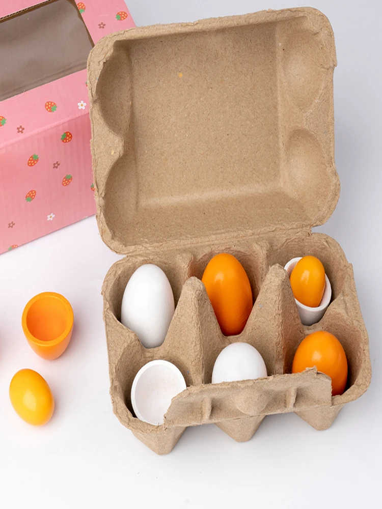 6 pieces simulated wooden egg toy set for children pretending to play with food egg yolk kitchen food children's toys