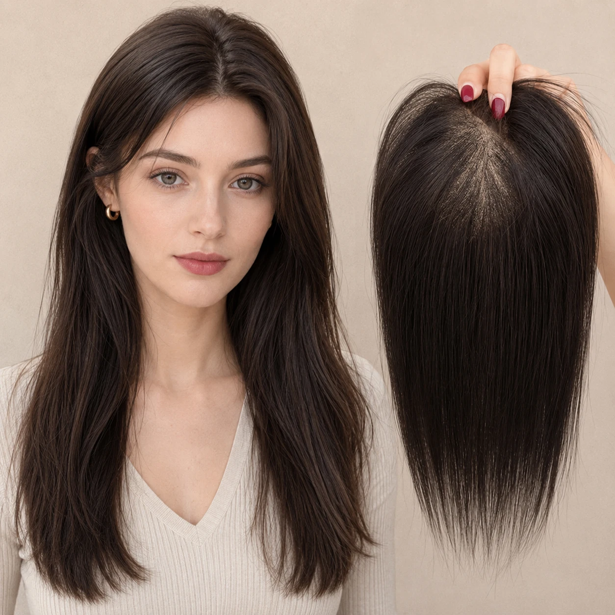 Topper per capelli umani lisci 9x13CM con base in seta per donna, effetto cuoio capelluto naturale, capelli europei, parte libera, con 4 clip - immagine 4