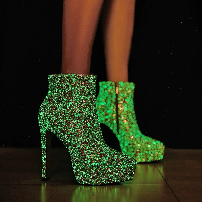 

Mid Calf Glitter Fluorescent Ankle Boots Stilettos High Heel Women Shoes Side Zipper Pointed Toe 2023 Sexy Zapatos Para Mujere